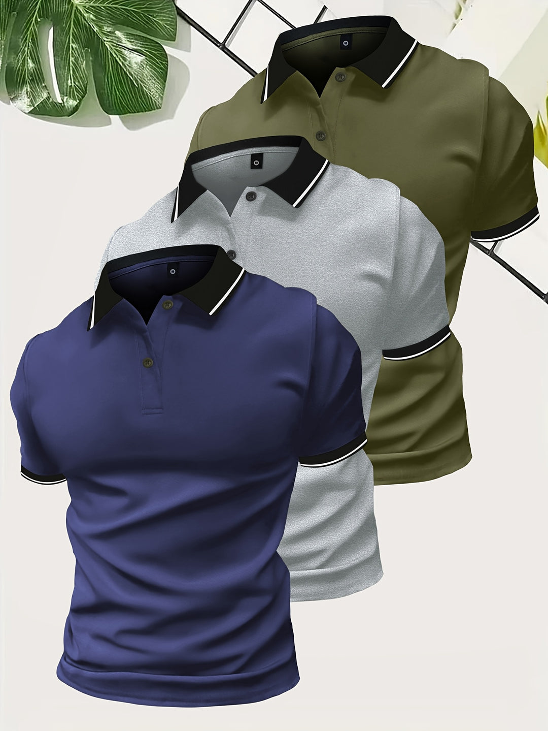 "Heren polo shirt set in effen kleuren grijs, zwart, en wit, lichtgewicht en ademend voor comfort en stijl."