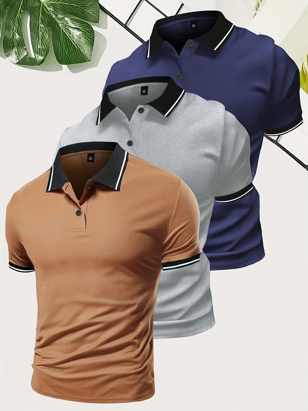"Heren polo shirt set in effen kleuren grijs, zwart, en wit, lichtgewicht en ademend voor comfort en stijl."