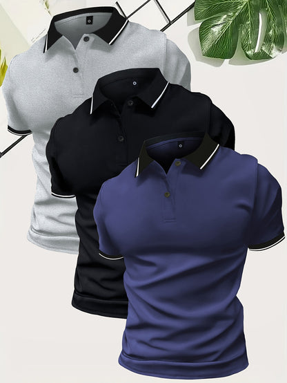 "Heren polo shirt set in effen kleuren grijs, zwart, en wit, lichtgewicht en ademend voor comfort en stijl."