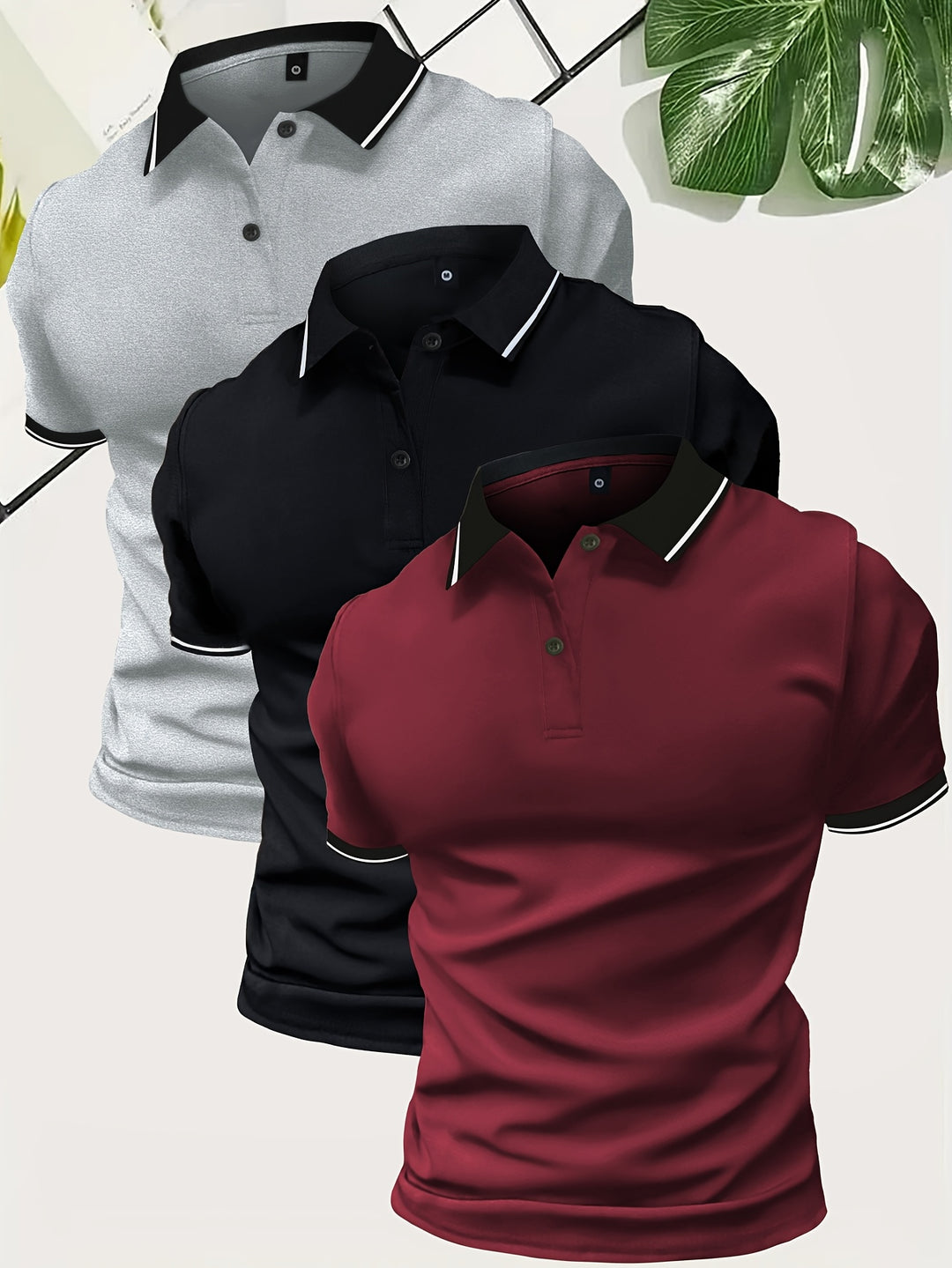 "Heren polo shirt set in effen kleuren grijs, zwart, en wit, lichtgewicht en ademend voor comfort en stijl."