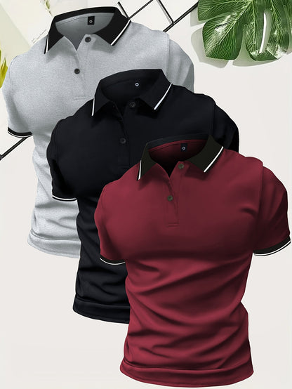"Heren polo shirt set in effen kleuren grijs, zwart, en wit, lichtgewicht en ademend voor comfort en stijl."