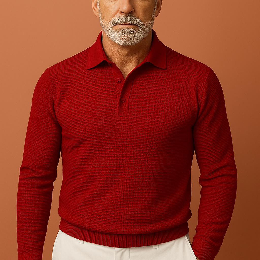 Klassieke heren polo sweater, combineert de elegantie van een polo met het comfort van een trui.