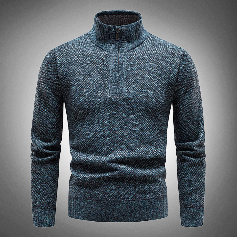 Heren pullover met halfhoge kraag in blauw, comfortabel voor herfst en winter.