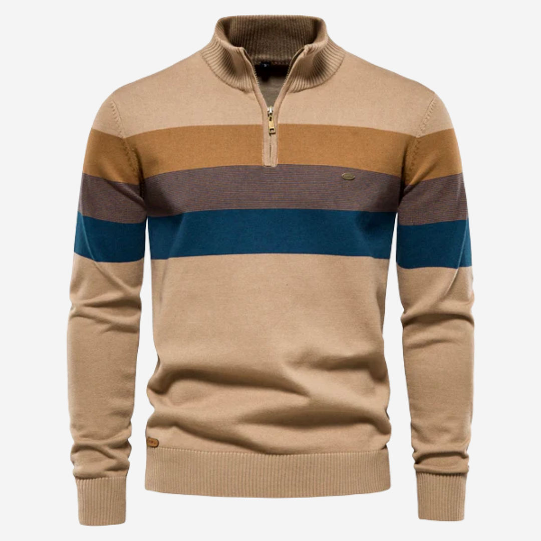 Heren retro gestreepte pullover met ritskraag. Stijlvolle trui voor casual winterkleding.