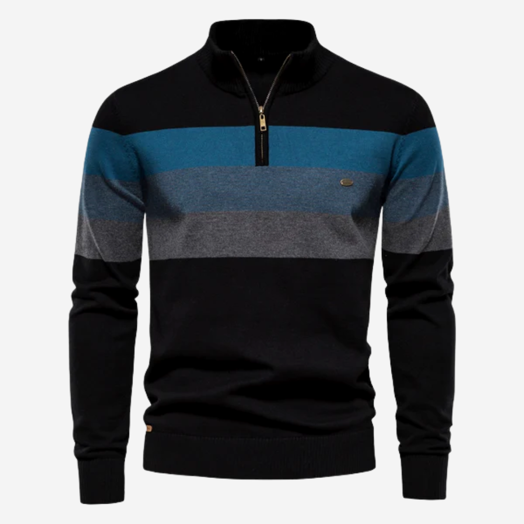 Moderne heren pullover met opvallende retro strepen en praktische ritskraag voor een comfortabele pasvorm.