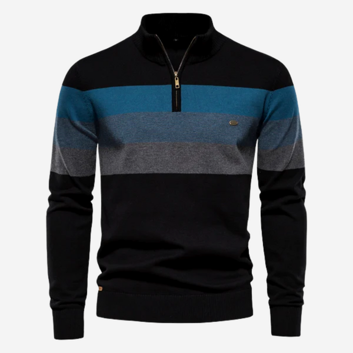 Moderne heren pullover met opvallende retro strepen en praktische ritskraag voor een comfortabele pasvorm.