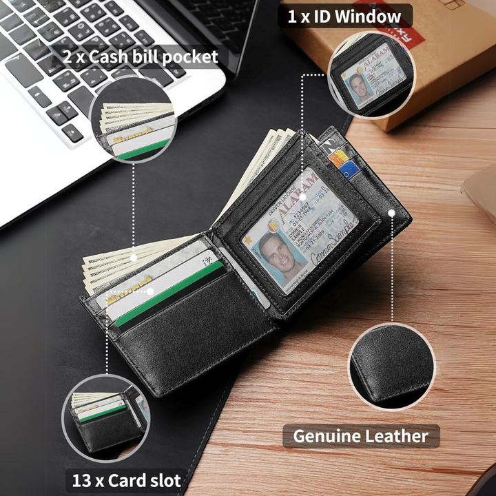 Heren RFID portemonnee van echt leer, bifold ontwerp, slank en veilig voor pasjes.