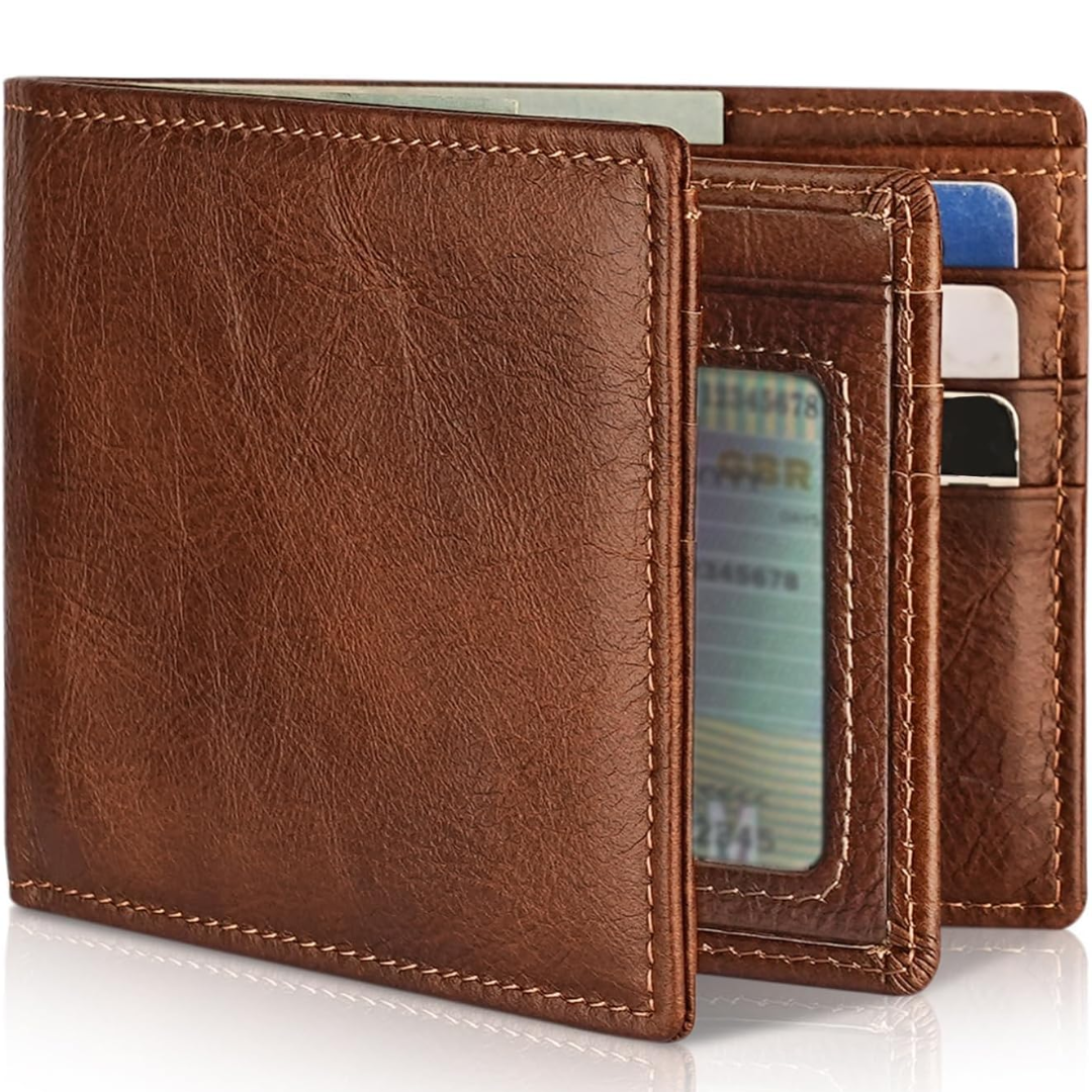 Compacte leren heren pasjeshouder met RFID beveiliging, bifold indeling, ruimte voor al je pasjes.