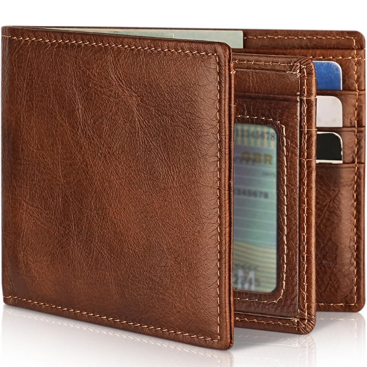 Compacte leren heren pasjeshouder met RFID beveiliging, bifold indeling, ruimte voor al je pasjes.