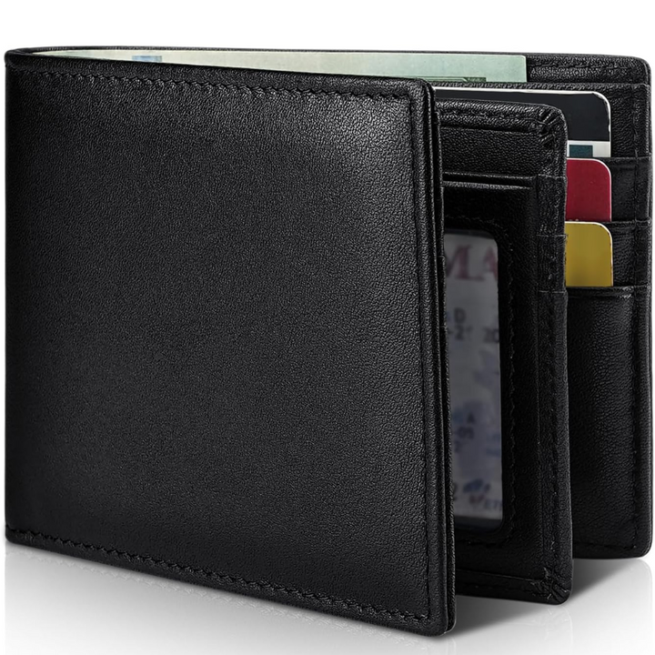 Slimme heren portemonnee, echt leer, bifold, RFID bescherming. Past gemakkelijk in broekzak.