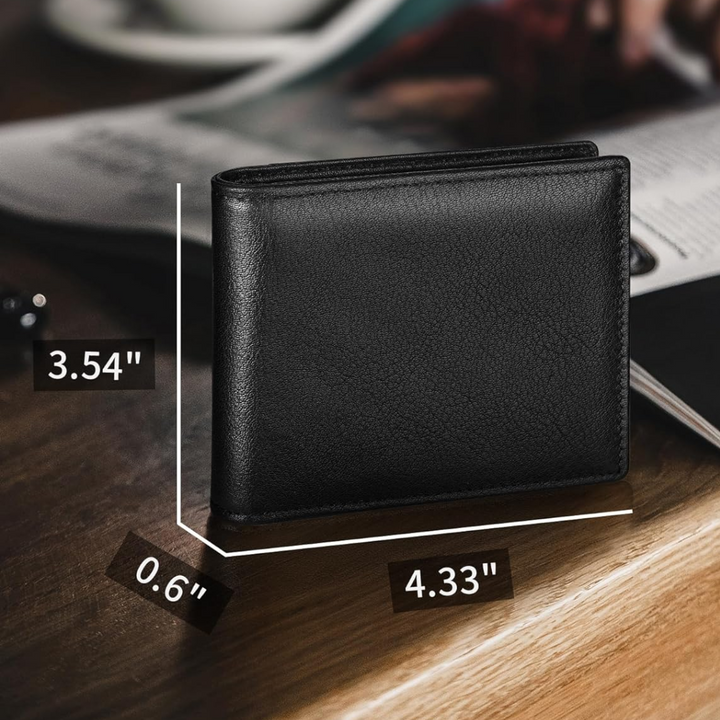 Close-up van de textuur van echt leer op een zwarte RFID heren portemonnee, luxe en duurzaam.