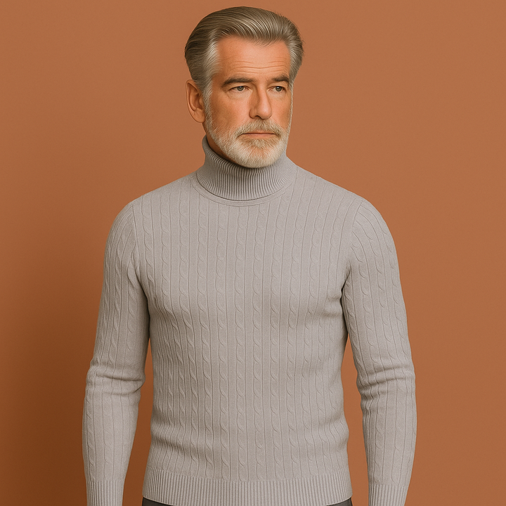 Heren ribgebreide coltrui in wit, elegant en warm voor winterdagen. Comfortabele trui van hoge kwaliteit.