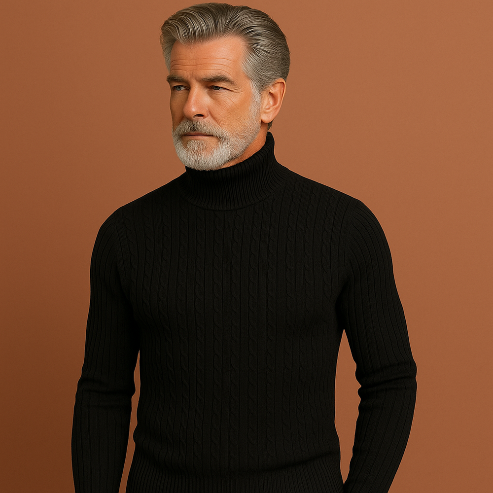 Stijlvolle heren coltrui, ribgebreid in blauw. Perfect voor casual of formele herfst- en wintermode.