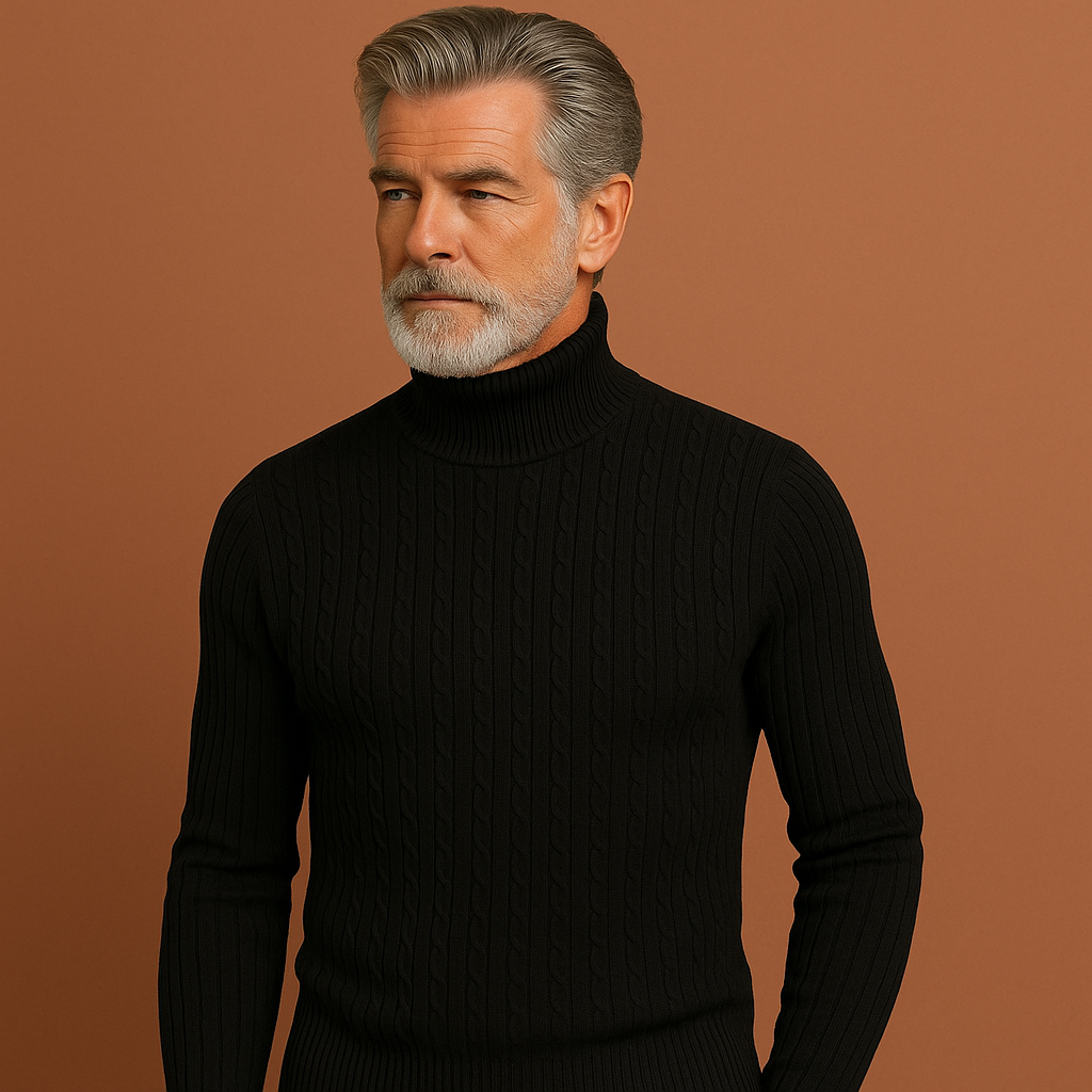 Stijlvolle heren coltrui, ribgebreid in blauw. Perfect voor casual of formele herfst- en wintermode.