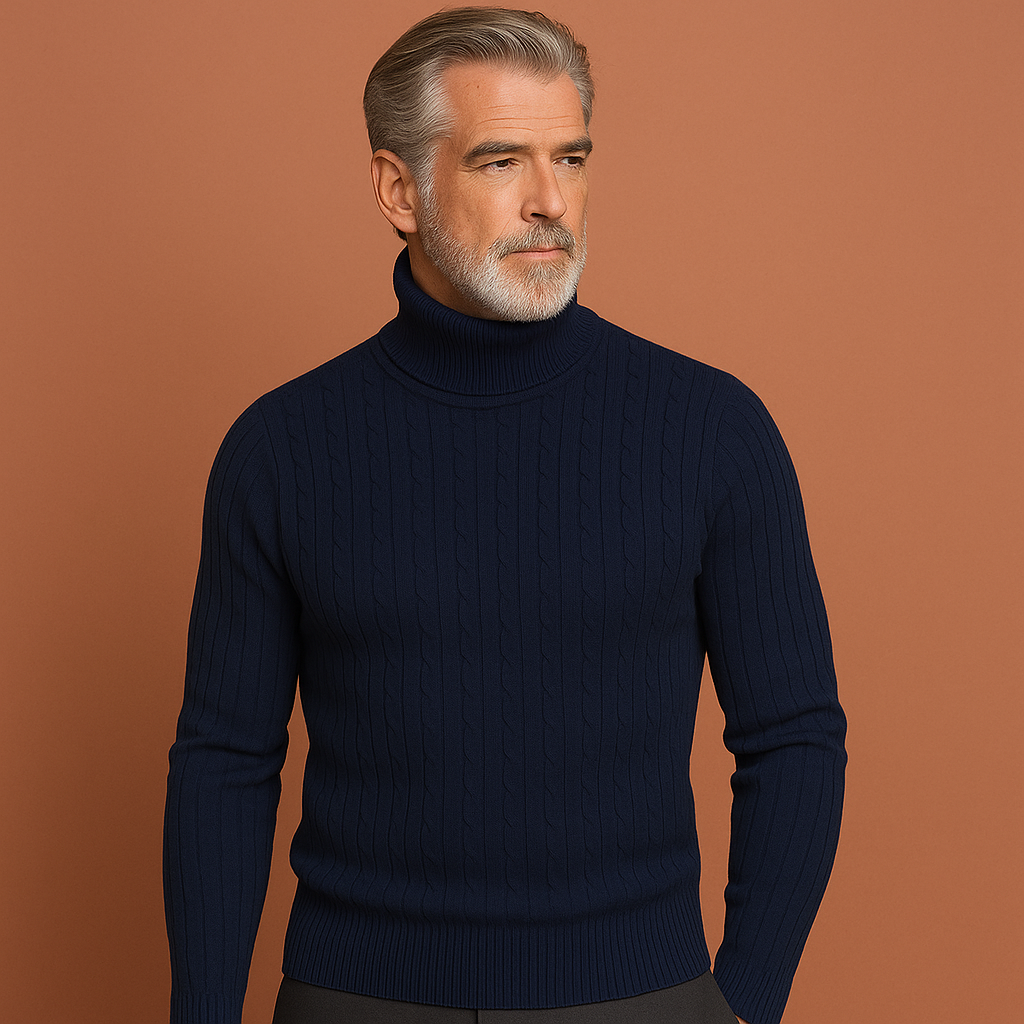 Elegante heren ribgebreide trui in wit/blauw. Moderne wintermode, zacht en comfortabel voor elke gelegenheid.