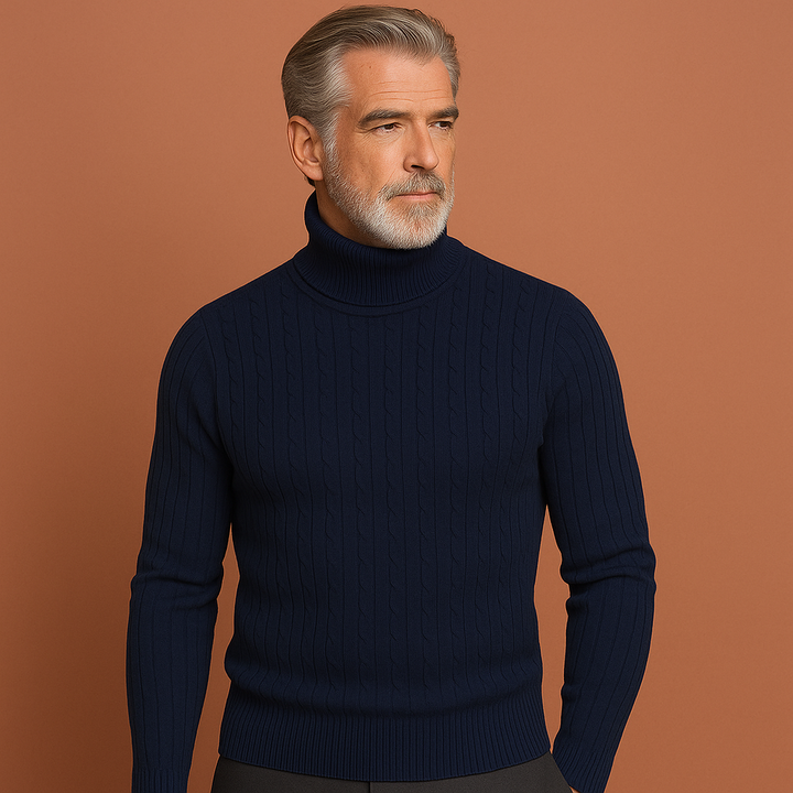 Elegante heren ribgebreide trui in wit/blauw. Moderne wintermode, zacht en comfortabel voor elke gelegenheid.