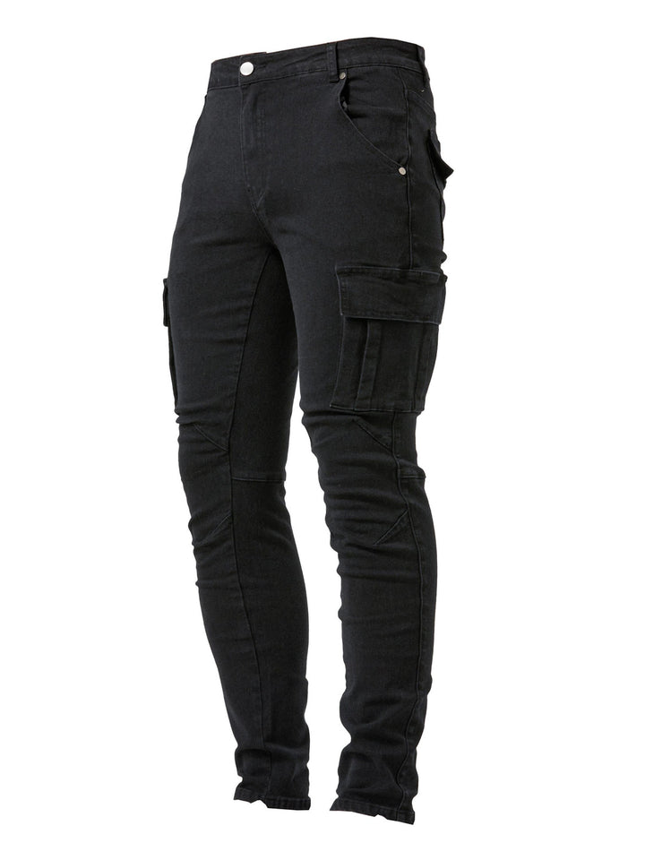 Trendy heren slim fit cargo jeans met meerdere functionele zakken, perfect voor dagelijkse streetwear stijl.