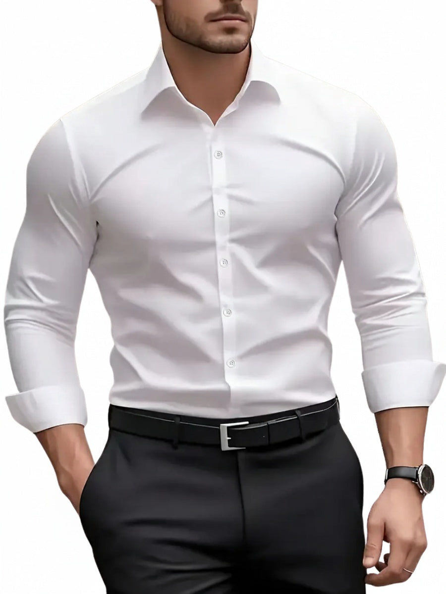 Heren slim fit overhemd met klassieke kraag en lange mouw, perfect voor zakelijke gelegenheden.