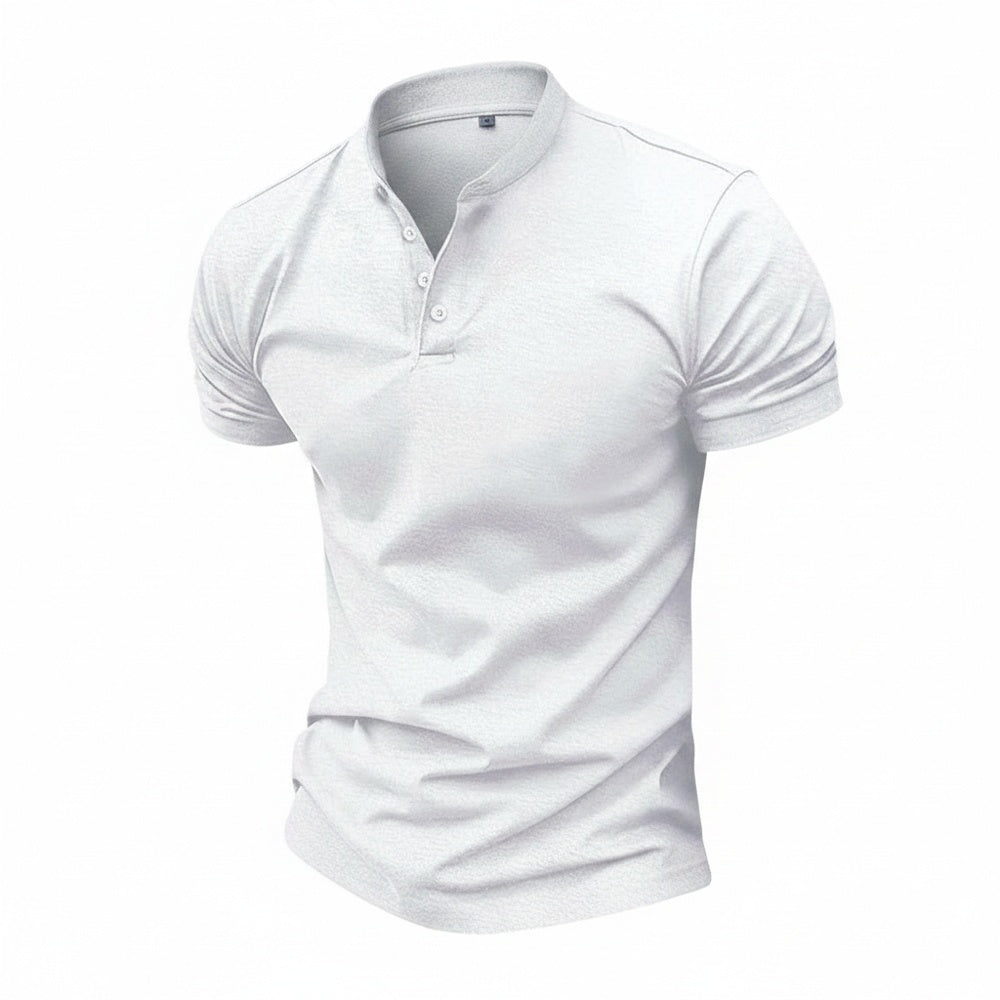 Heren slim fit polo met korte mouwen, staande kraag en knoopsluiting. Ideaal voor smart casual herenmode.