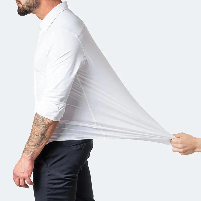 Heren slim fit stretch overhemd met lange mouwen, strijkvrij en ademend, ideaal voor zakelijk en casual.