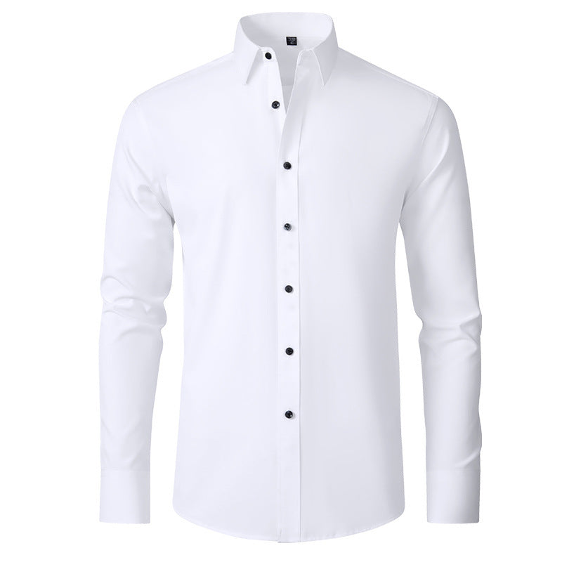 Man draagt comfortabel heren stretch overhemd (lange mouw) in zakelijke setting, perfecte slim fit.