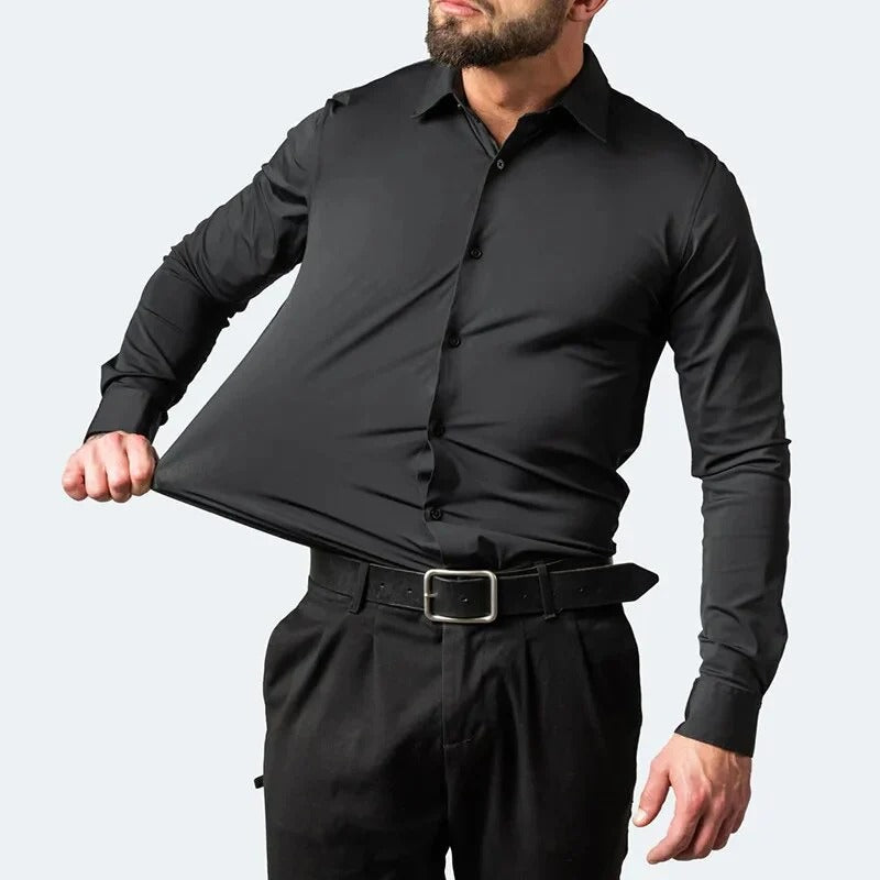 Casual look met ademend heren stretch overhemd, strijkvrij en lange mouw, ideaal voor dagelijks gebruik.