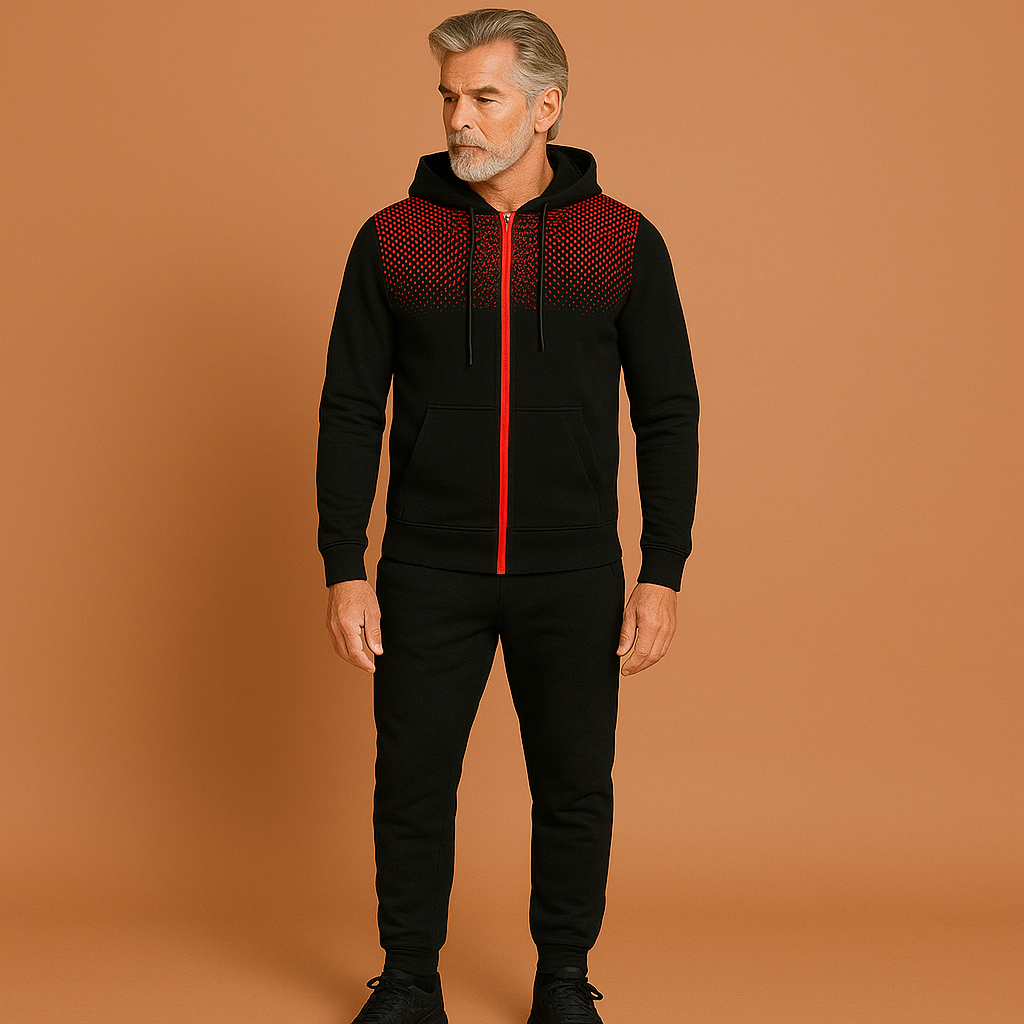 Stijlvol heren sportief trainingspak met capuchon. Slim fit design, perfect voor fitness, jogging en dagelijks comfort.