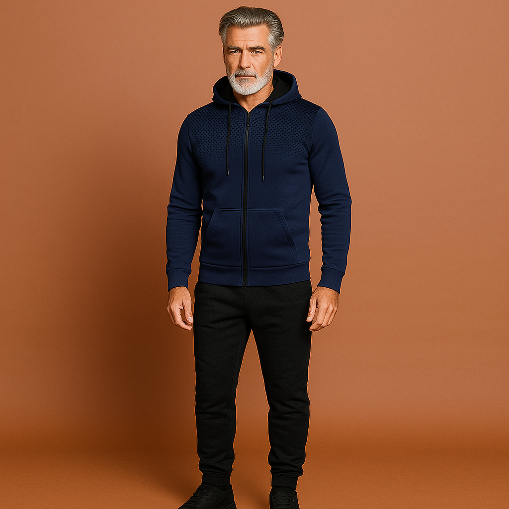 Ademend heren slim fit trainingspak: hoodie en joggingbroek. Comfortabele sportkleding voor fitness en vrijetijd.