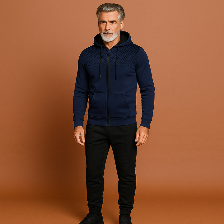 Ademend heren slim fit trainingspak: hoodie en joggingbroek. Comfortabele sportkleding voor fitness en vrijetijd.