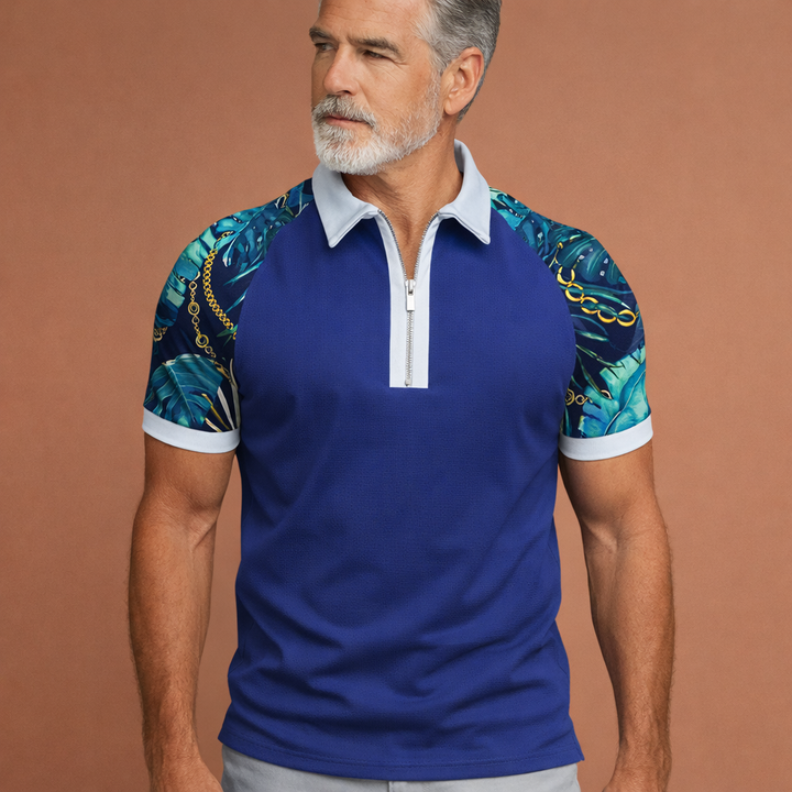 Stijlvol heren poloshirt met opvallende retro strepen. Een spierfit model voor een trendy, zomerse uitstraling.