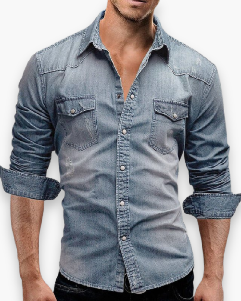 Blauw denim heren overhemd, tijdloos en comfortabel voor dagelijks gebruik of vrije tijd.