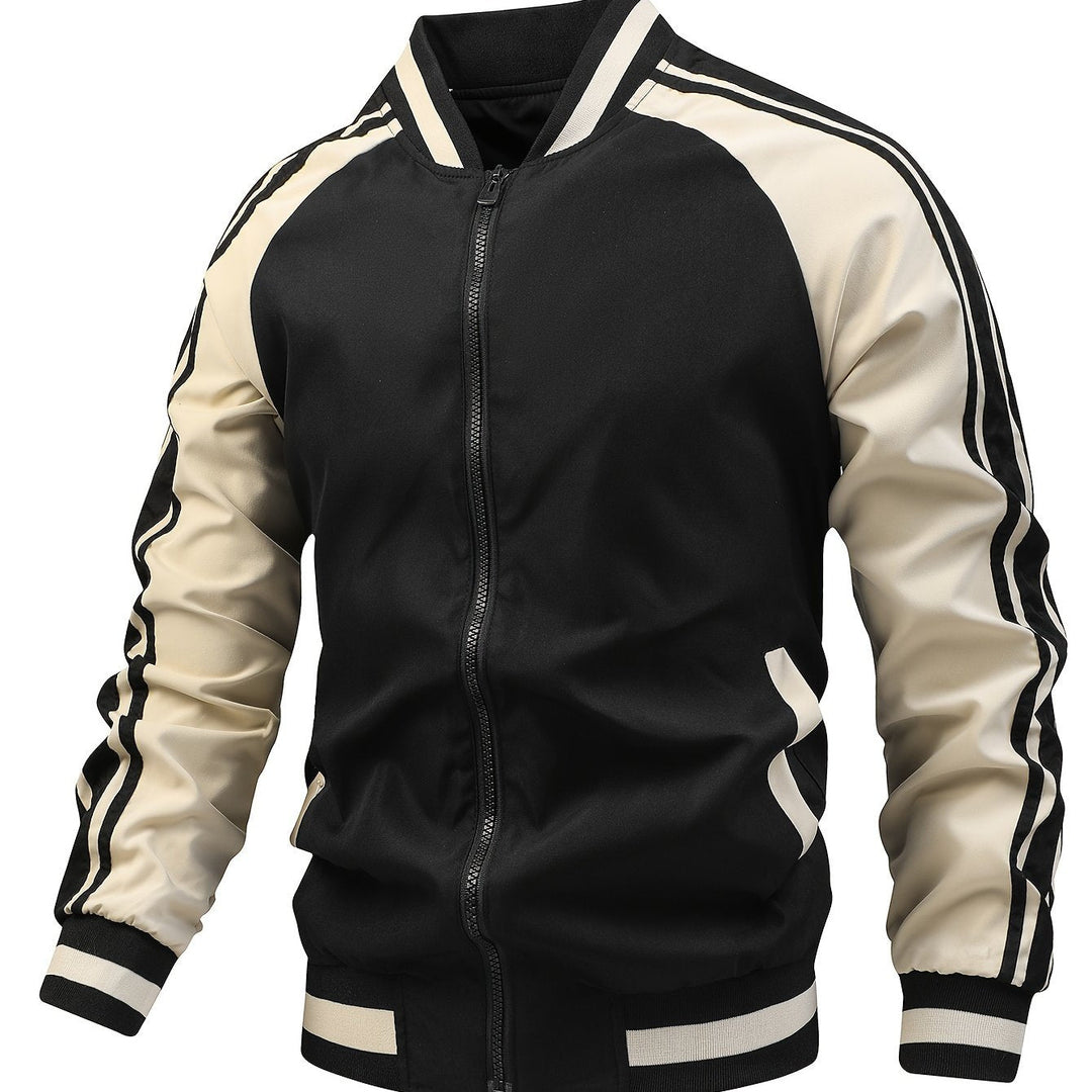 Heren sportief bomberjack met retro strepen en ritssluiting, perfect voor casual streetwear.