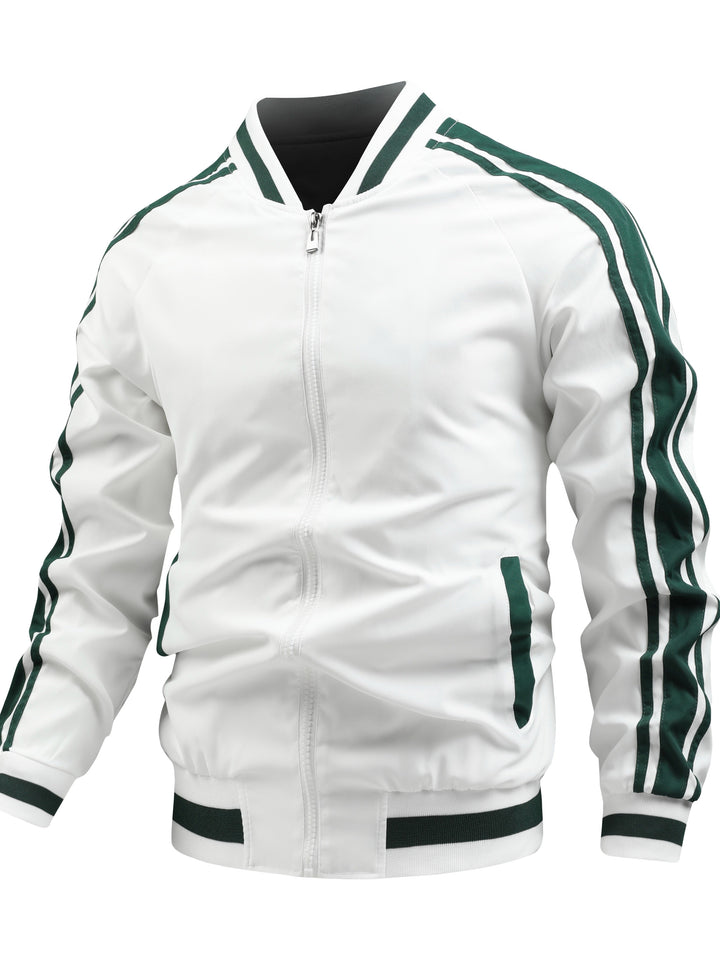 Mannen bomberjack met vintage strepen en ritssluiting, ideaal voor een comfortabele casual outfit.