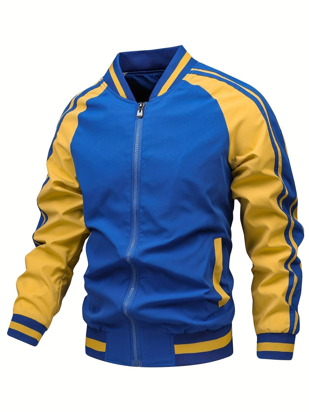 Detail van de ritssluiting op het trendy heren bomberjack, combineert comfort en mode.
