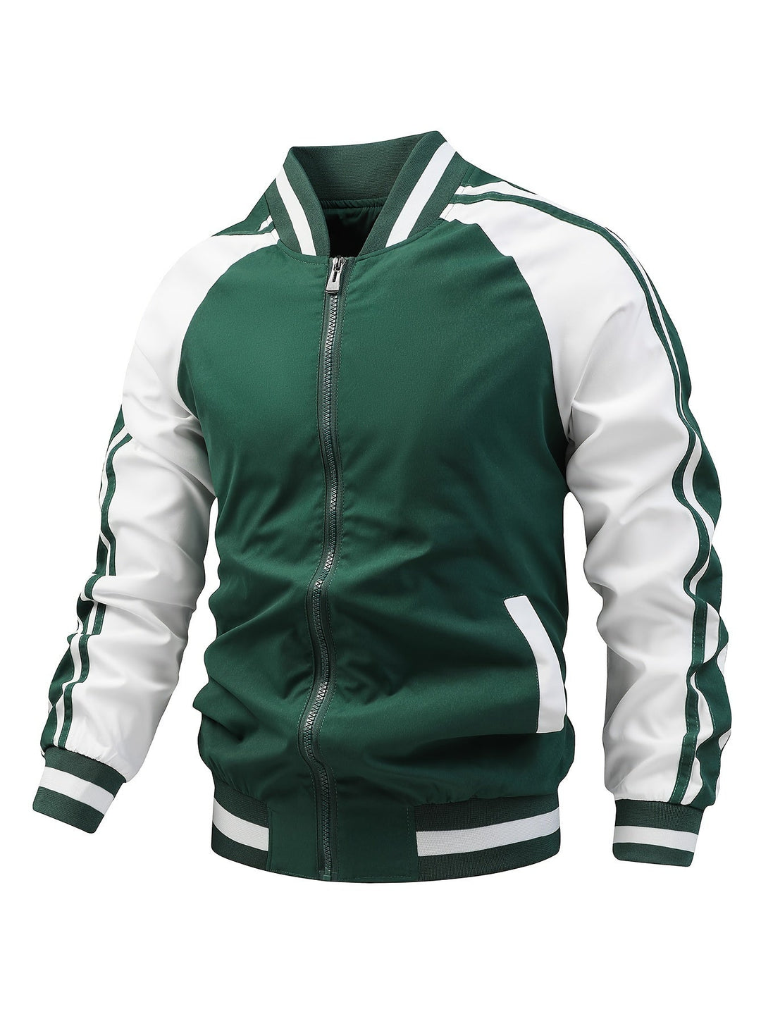 Model draagt sportief heren bomberjack met retro strepen, perfecte bovenkleding.