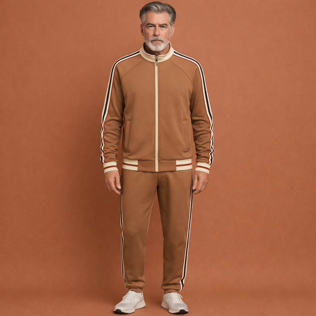 Heren sportief trainingspak met witte strepen op mouwen en broek; ideaal voor comfort en stijl.