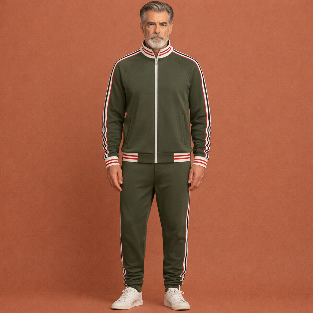 Stijlvol heren trainingspak met trendy streepdetails; een complete set voor vrijetijd of sport.