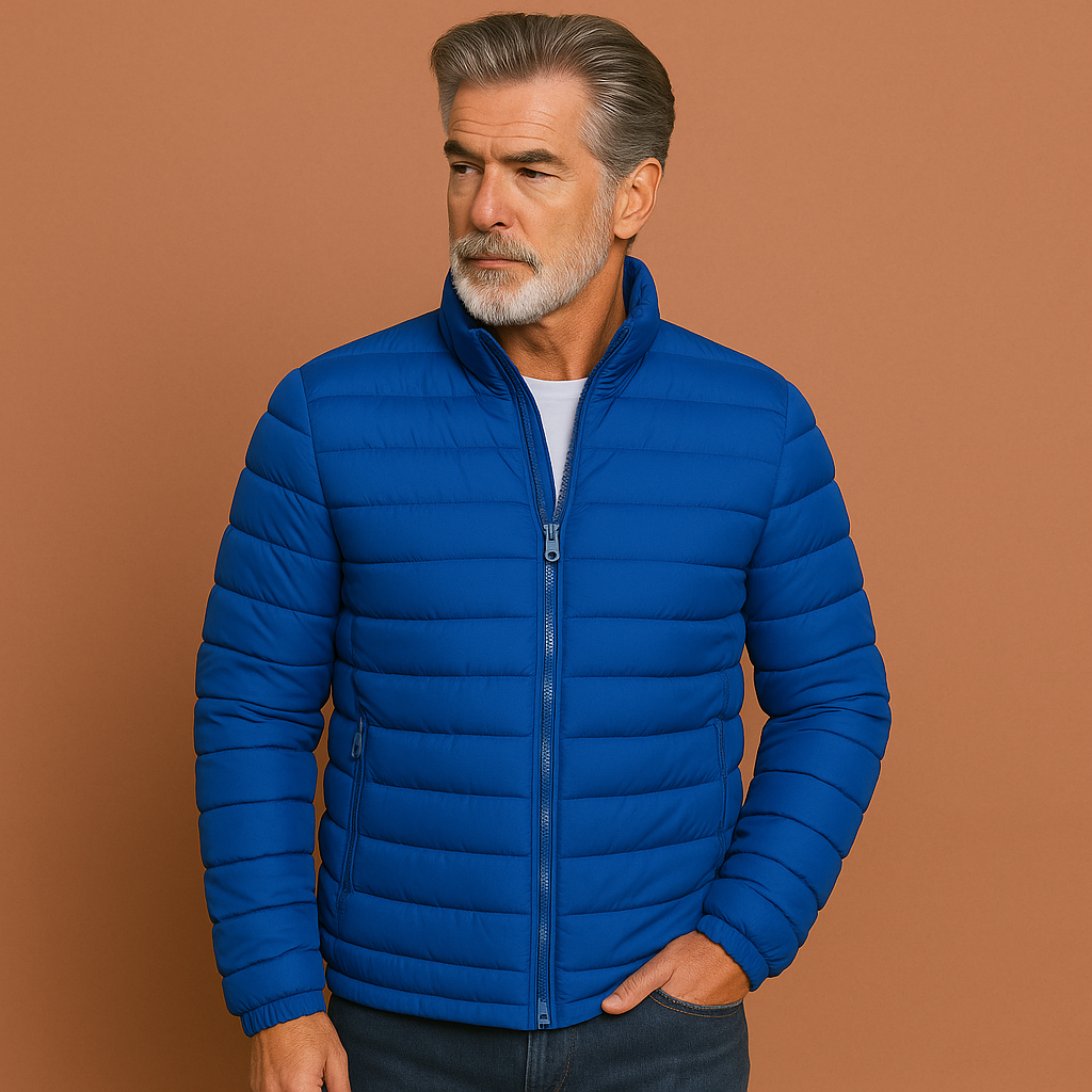 Elegante heren tussenjas met opstaande kraag, een moderne slim fit jas.