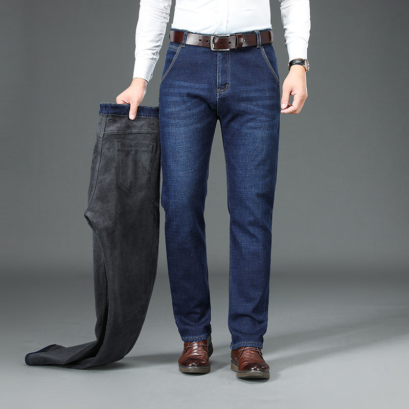 Comfortabele heren jeans met rechte pijpen en warme binnenkant, perfect voor winterse dagelijkse kleding.