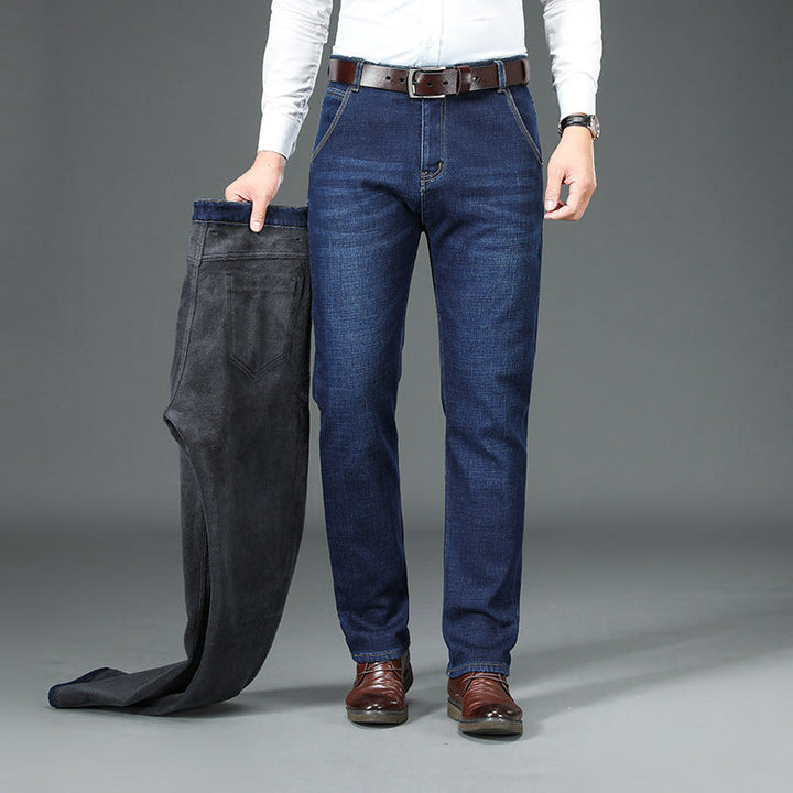 Comfortabele heren jeans met rechte pijpen en warme binnenkant, perfect voor winterse dagelijkse kleding.