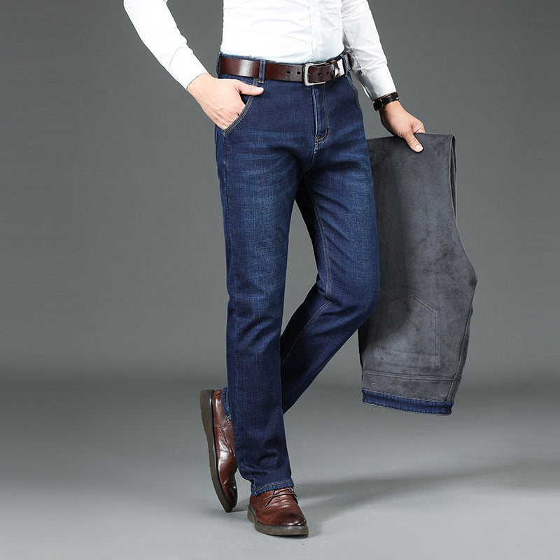 Warme heren winter jeans met rechte pijpen, stevig en stijlvol, ideaal voor casual mode in donkerblauw of zwart.