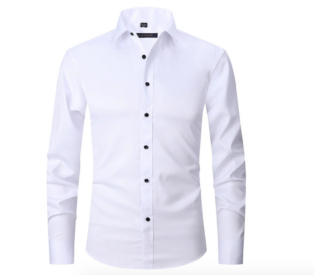 Achterkant van het heren stretch overhemd, toont strakke pasvorm. Comfortabel shirt met lange mouwen.