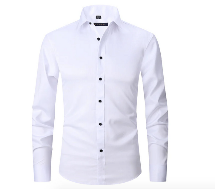 Achterkant van het heren stretch overhemd, toont strakke pasvorm. Comfortabel shirt met lange mouwen.