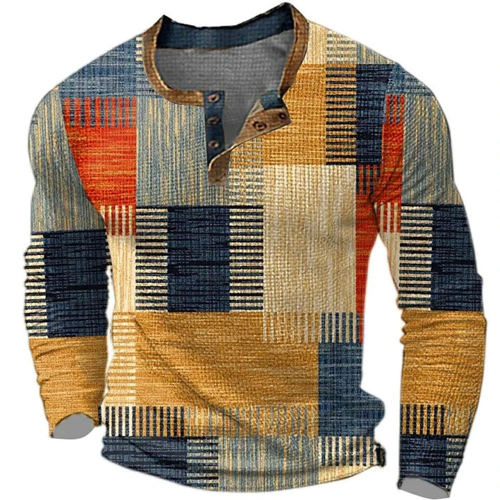 Heren sweatshirt met stijlvolle patchwork look en knoopkraag voor een casual, comfortabele uitstraling.