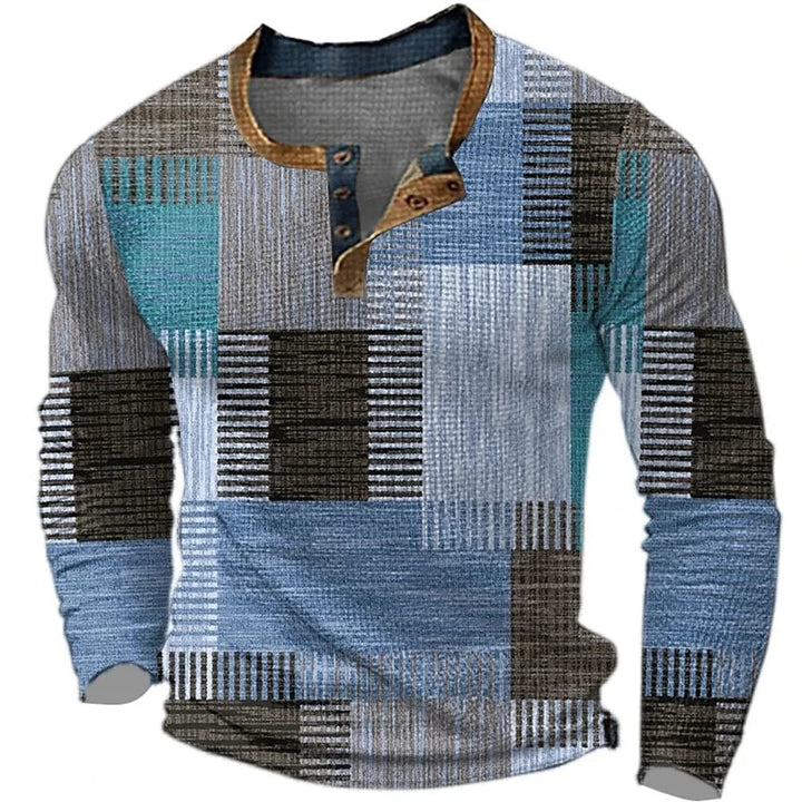 Comfortabel heren sweatshirt met lange mouwen, unieke patchwork details en trendy knoopkraag voor mannenmode.