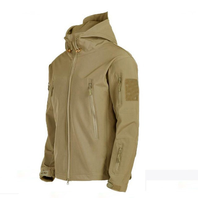 Heren tactisch outdoor jack met capuchon en ritssluiting, ideaal voor wandelen, kamperen in herfst/lente.