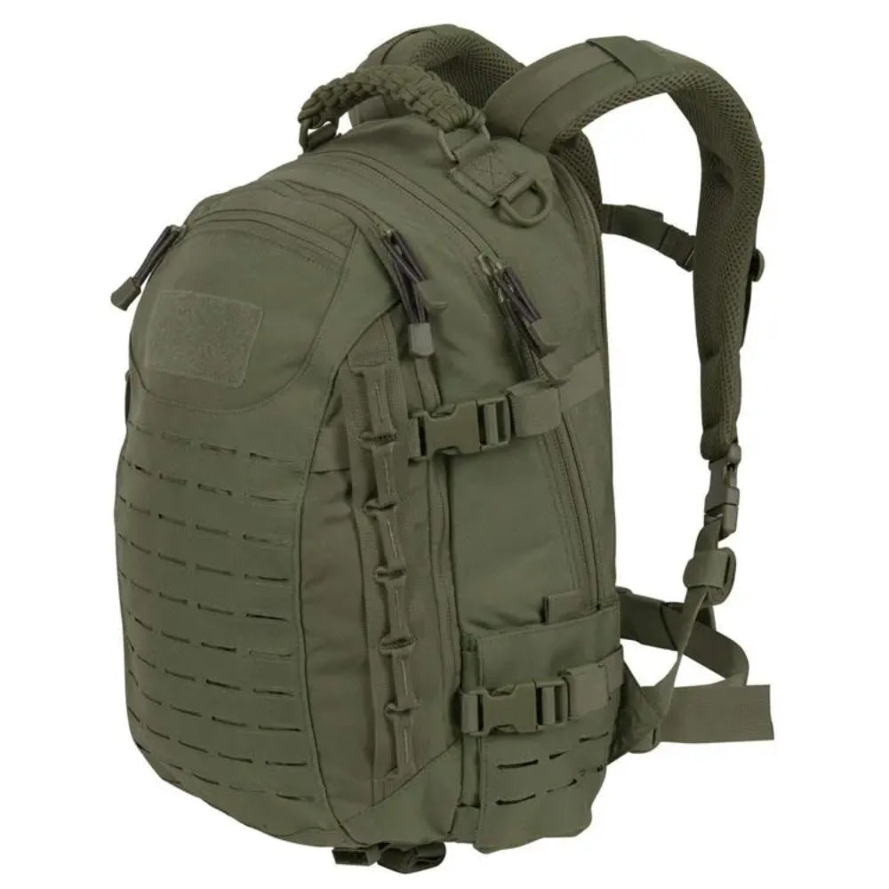 Khaki tactische outdoor rugzak met veel vakken, ideaal voor lange reizen.