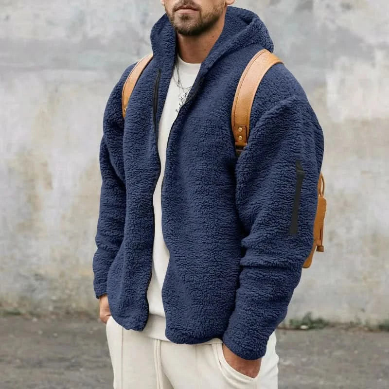 Heren teddy fleece vest met capuchon in beige, perfect voor winterse dagen. Warm, stijlvol en comfortabel.