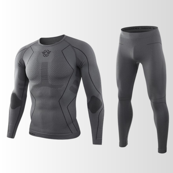 Close-up van de stof van vochttransporterend heren thermisch ondergoed, perfect als sport baselayer.