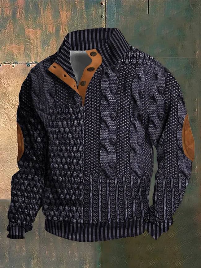 Close-up stof Noah trui: Zachte, warme breistof van deze comfortabele herentrui, perfect voor de winter.